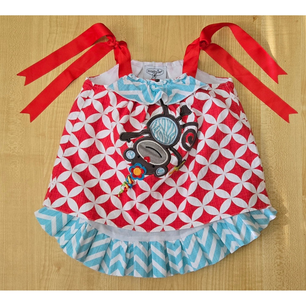 Mud Pie Baby Monkey Applique Ruffle Dress Red White Blue Chevron 0-6 Months